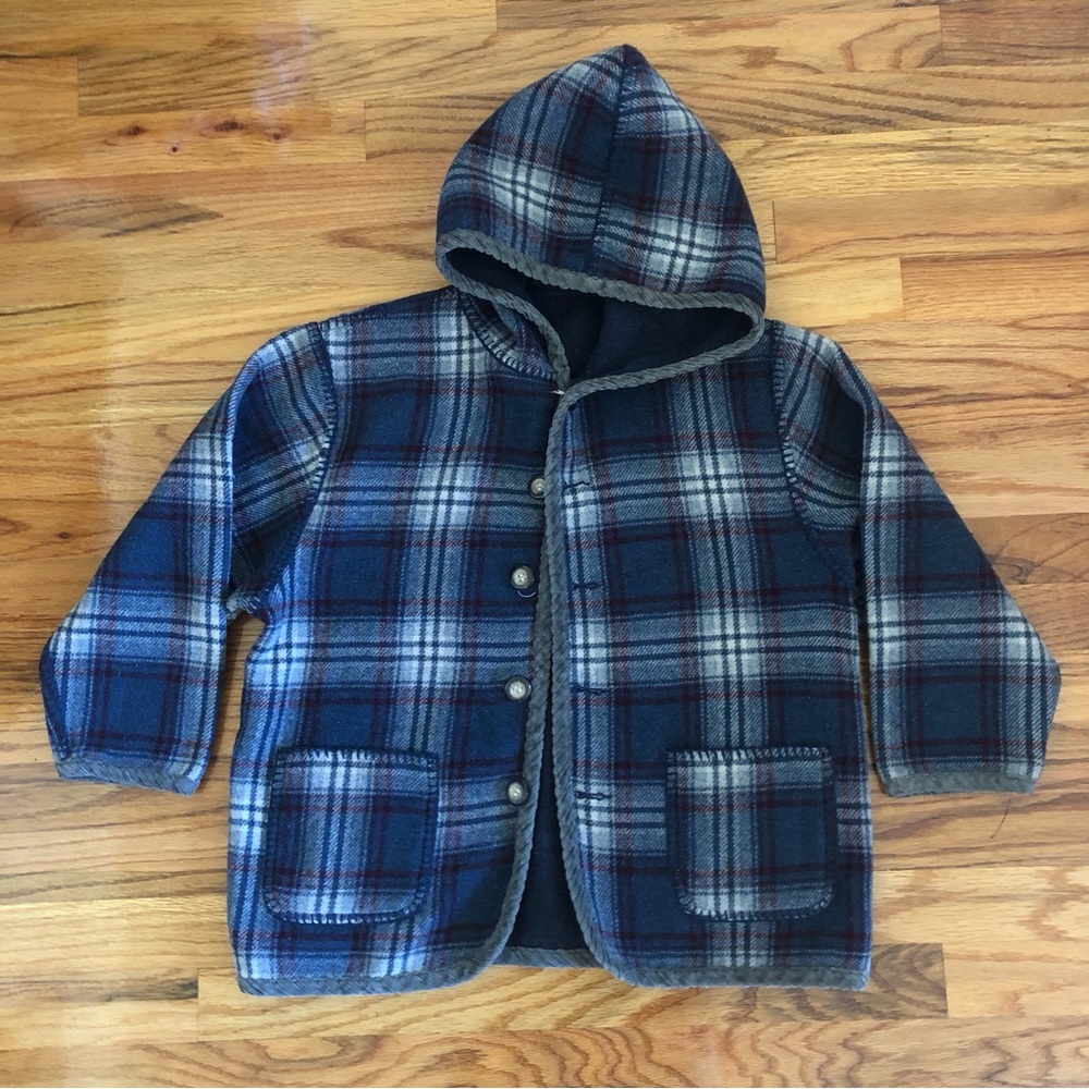 Vintage Navy Plaid Wool Reversible Cardigan Coat